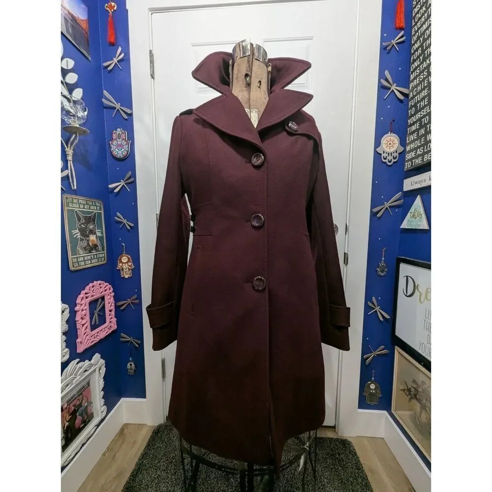 Kenneth Cole Women’s 10 Long Wool Dress Coat A-Line Fit & Flare Buckle Detail Me